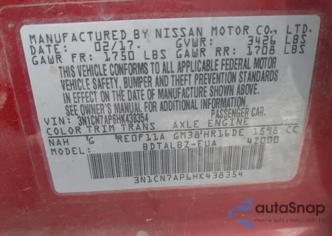 2017 Nissan Versa 1.6 Sv from USA, damaged, VIN 3N1CN7AP6HK438354